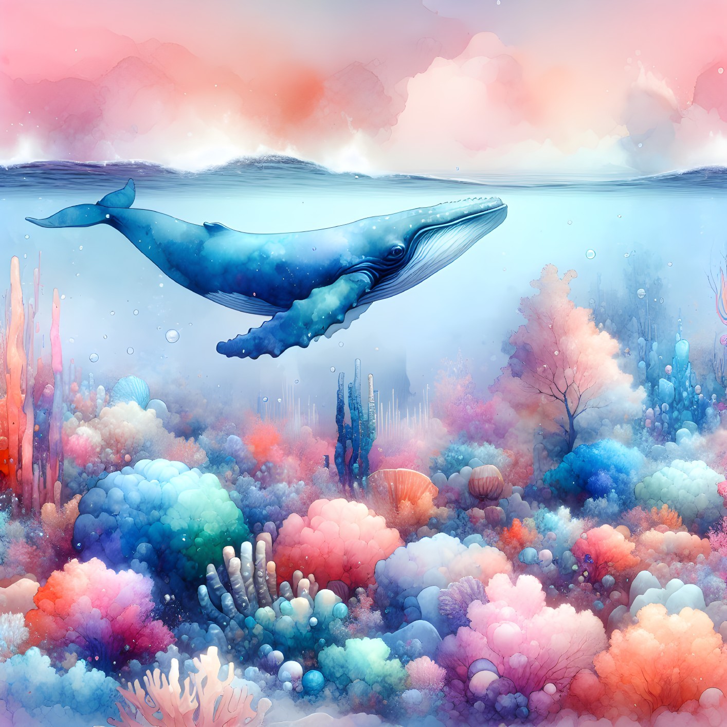 Majestic whale in vibrant coral reef underwater scene