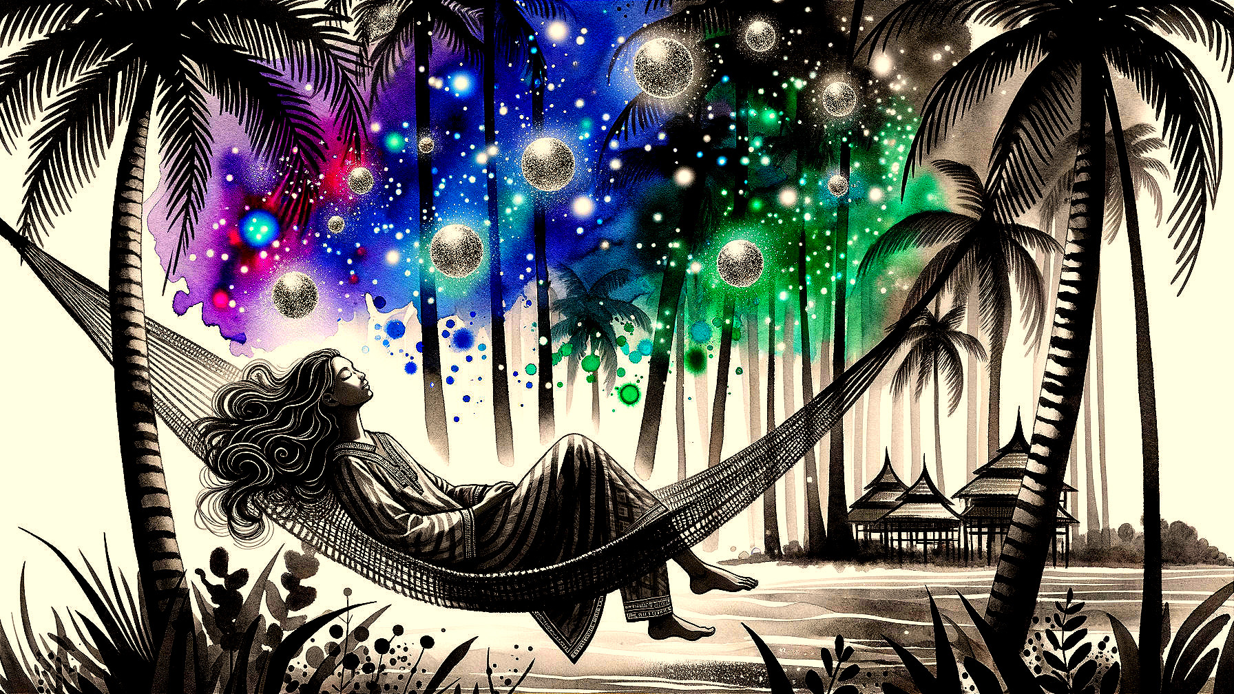 Lounge Scene with Hammock and Vibrant Night Sky