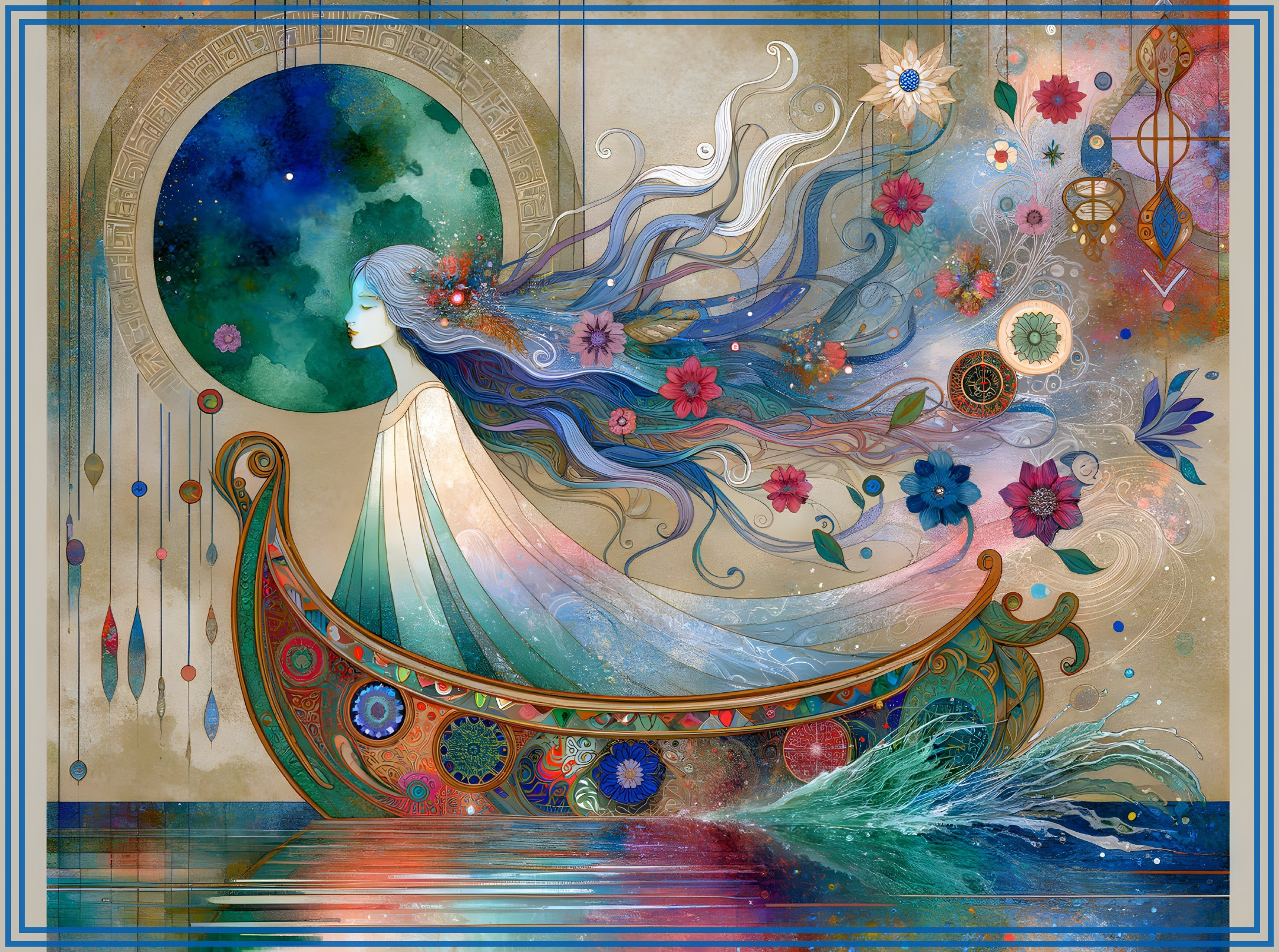 Mystical Figure in Ornate Boat Surrounded by Nature