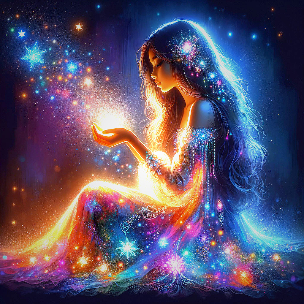 Luminous Figure in Shimmering Gown with Radiant Orb