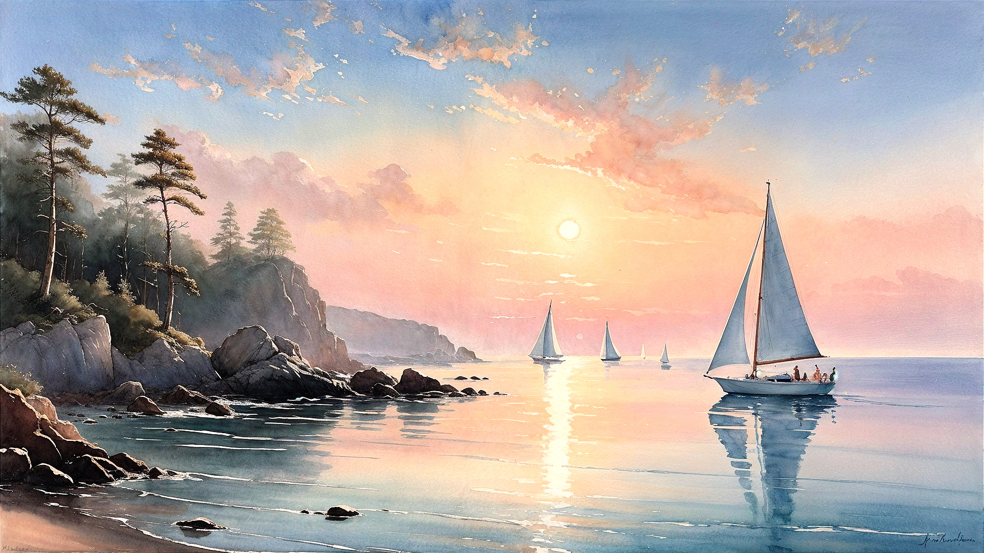 Serene Coastal Sunset with Sailboats and Pine Trees