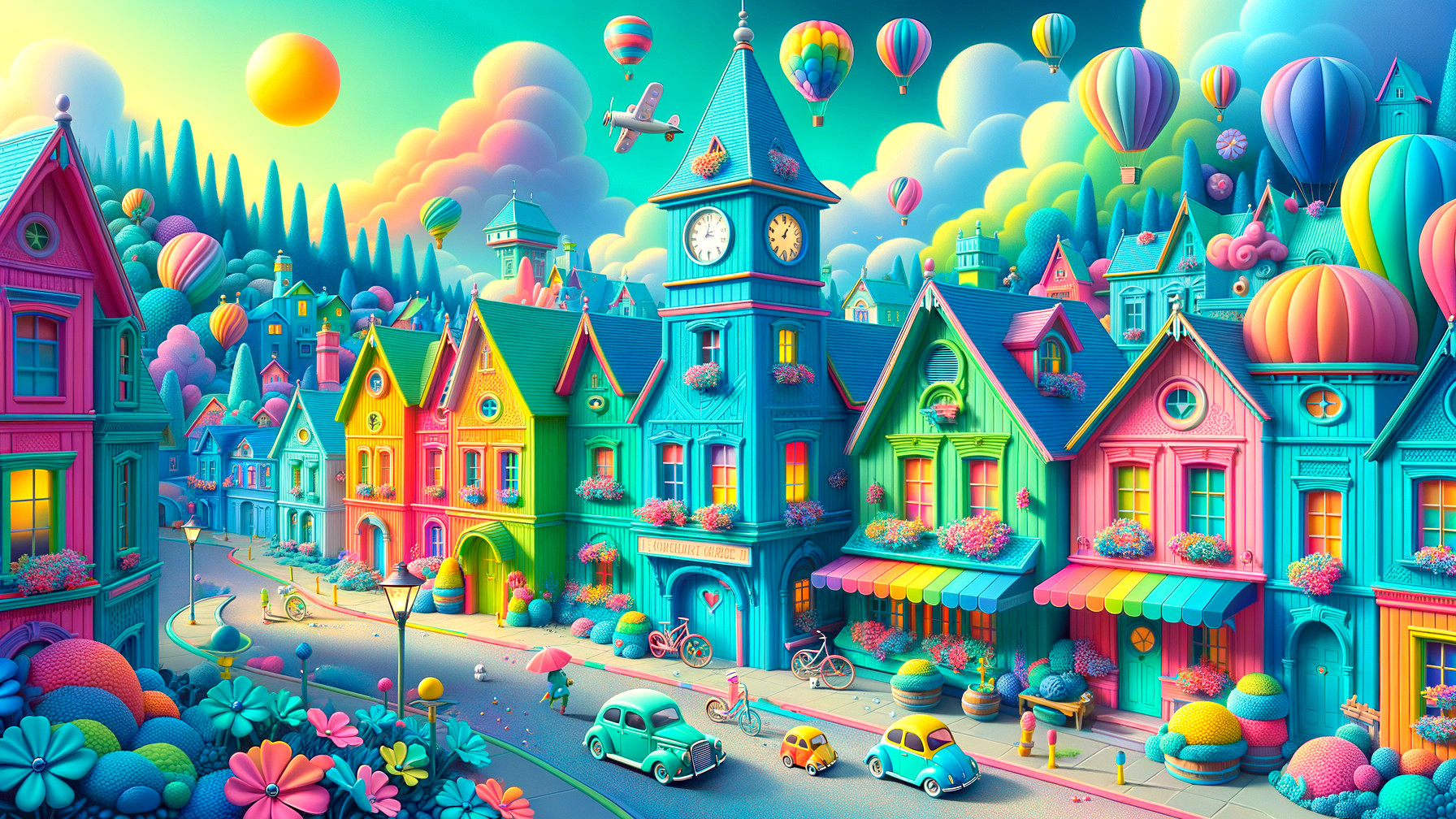 Colorful Village Scene with Clock Tower and Balloons