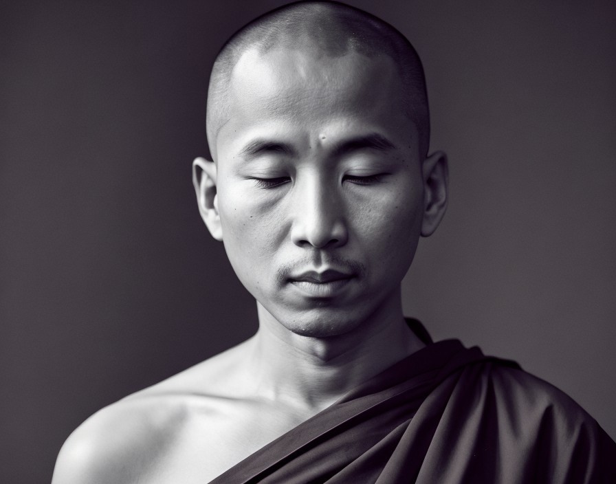 Calm Individual in Dark Shawl with Shaved Head