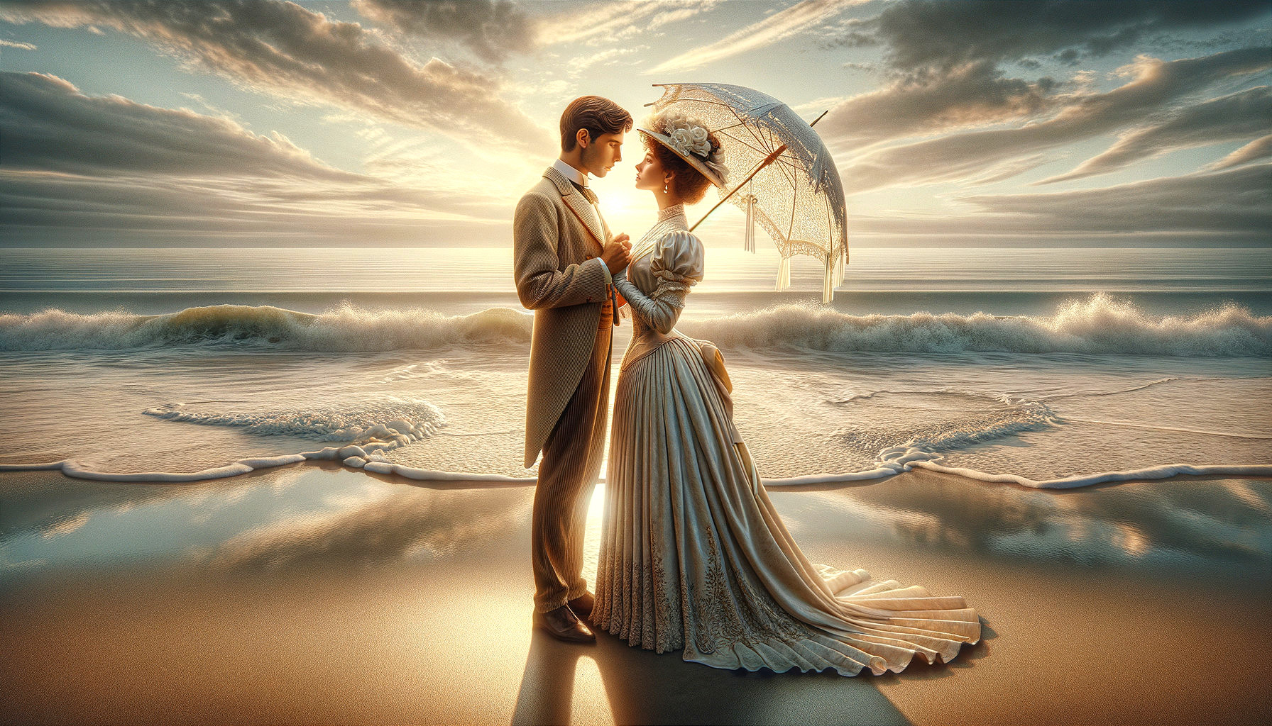 Romantic Sunset Beach Scene with 19th-Century Attire