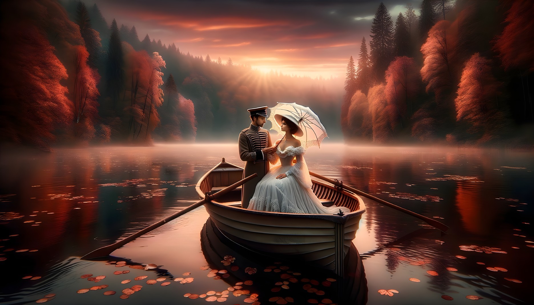 Couple in Rustic Boat on Serene Lake at Sunset