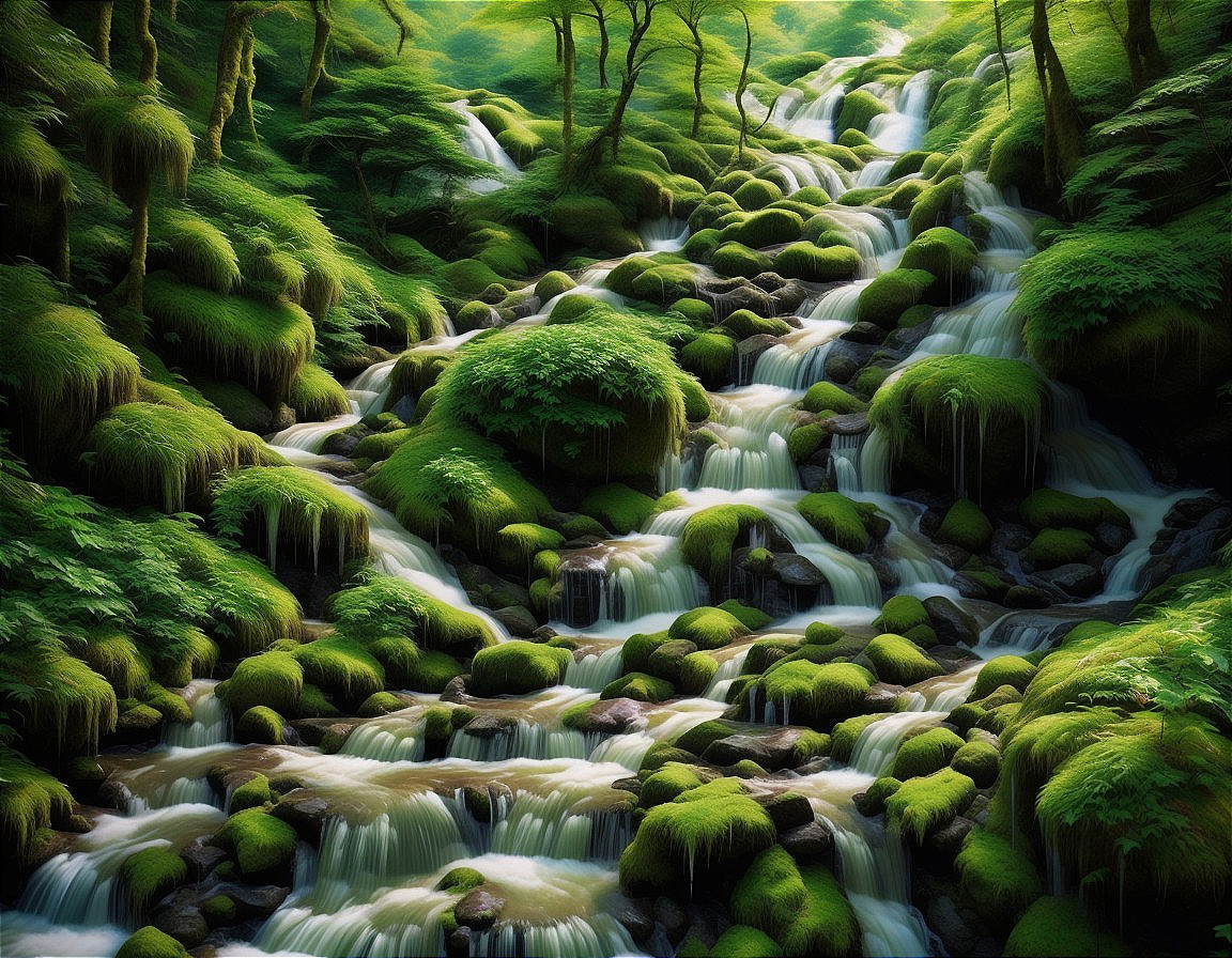 Serene forest scene with cascading stream and foliage