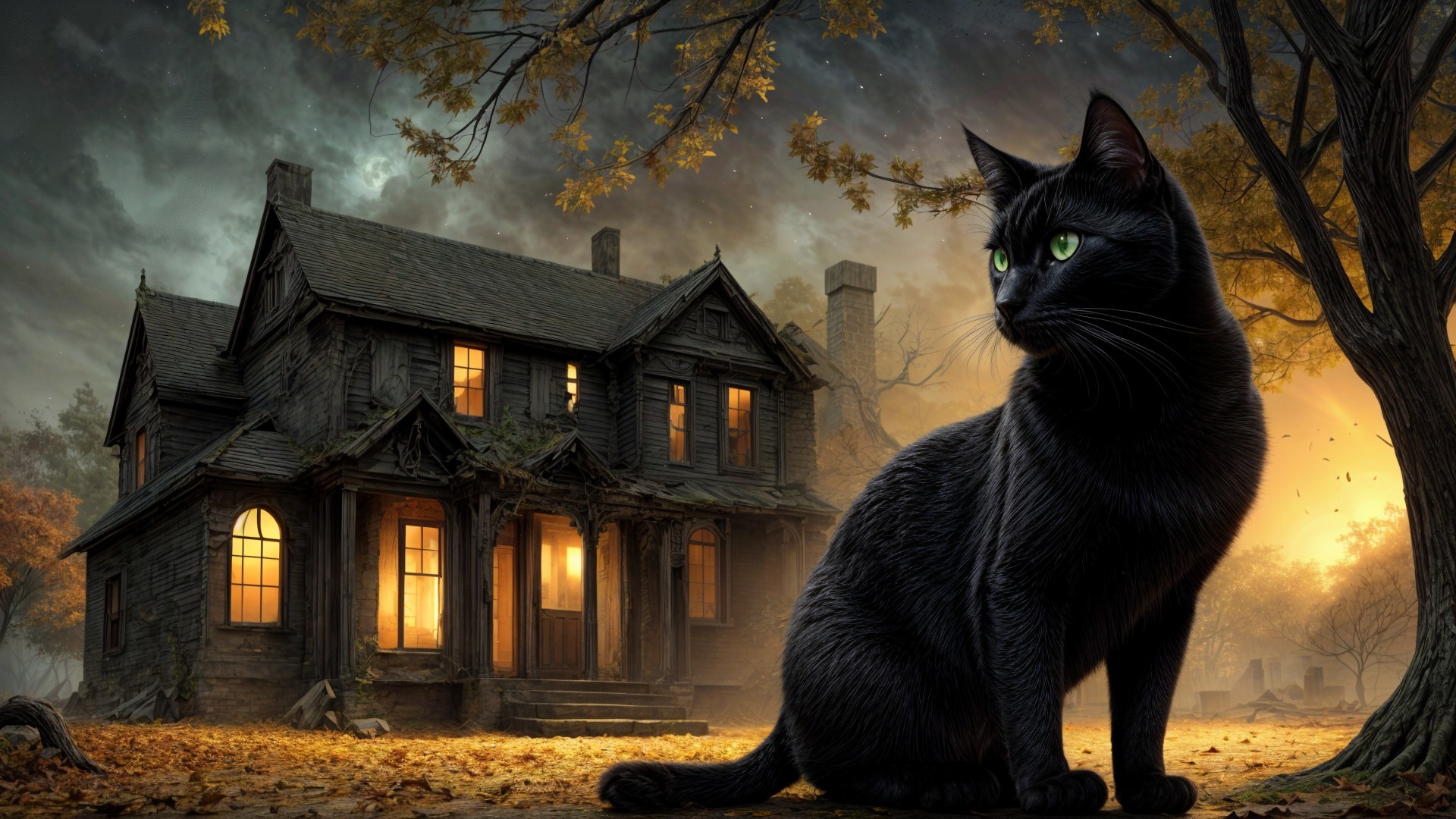 Mysterious Black Cat Under Glowing Old House