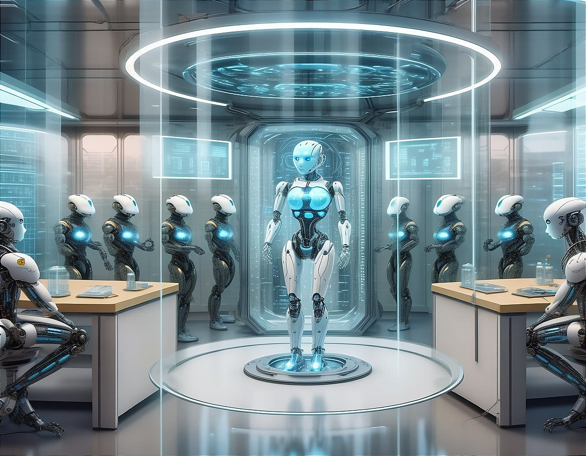 Futuristic Lab with Humanoid Robots and High-Tech Displays