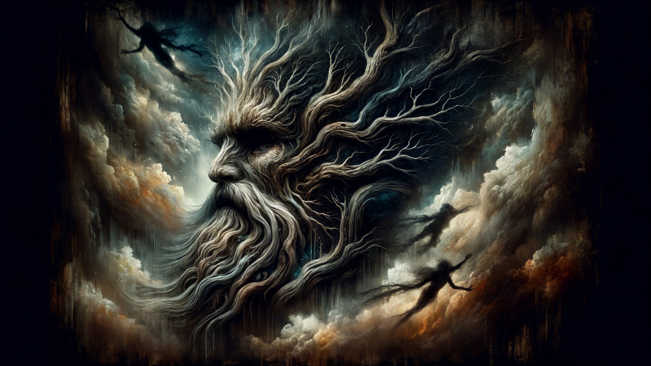 Mythical figure entwined with nature and dark clouds