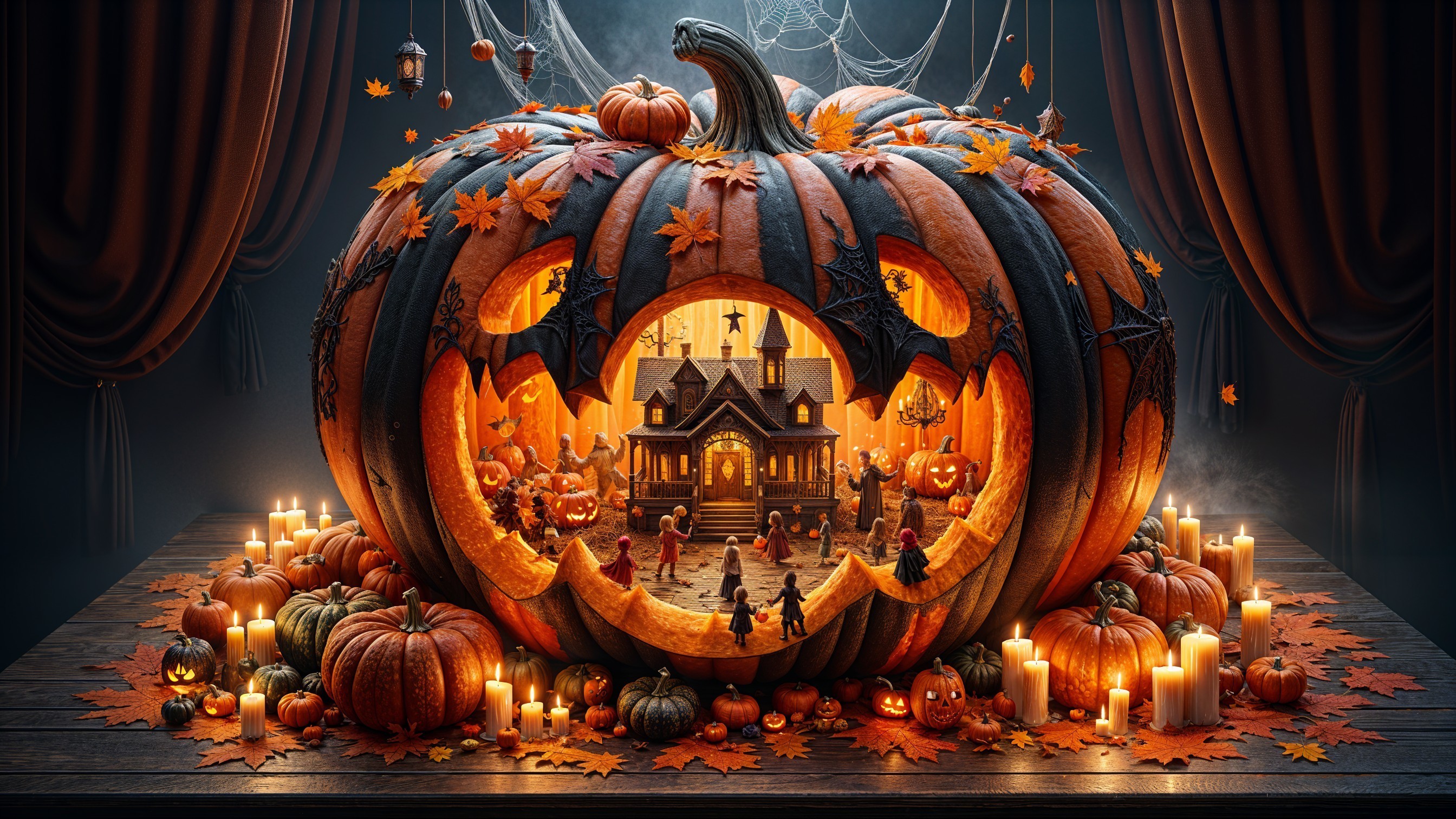 Intricately Carved Pumpkin with Miniature Halloween Scene