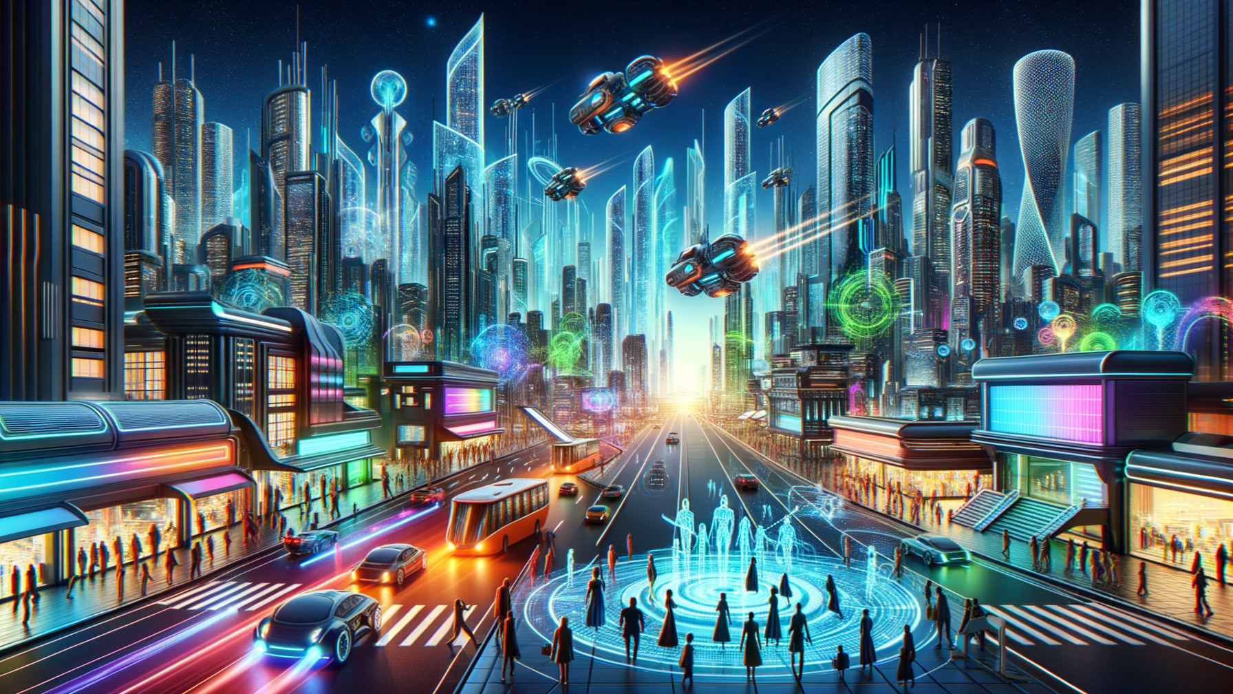 Futuristic cityscape with skyscrapers and flying vehicles