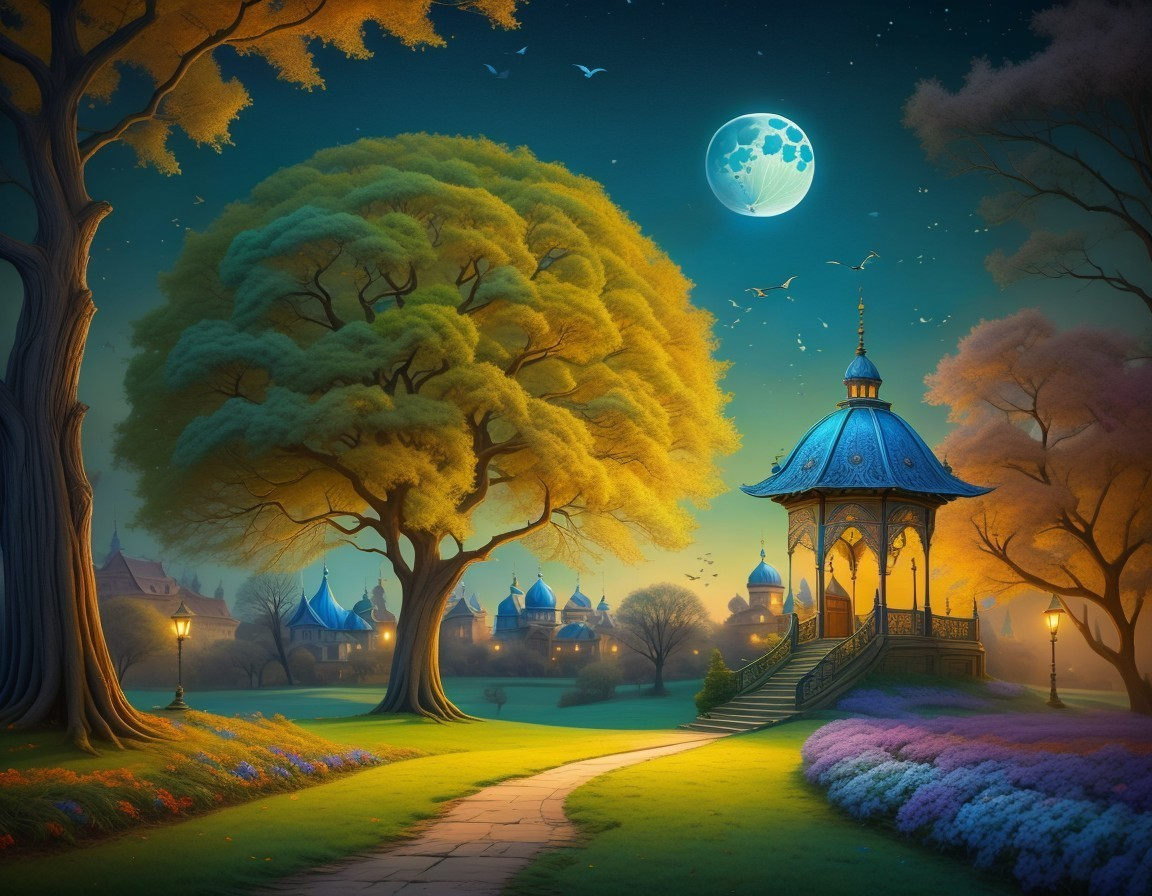 Nighttime Gazebo Scene with Colorful Trees and Moonlight