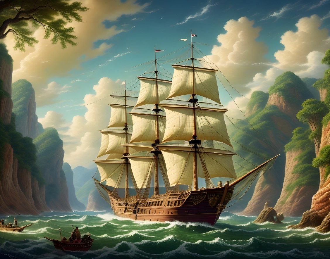 Tall Ship Sailing in Turquoise Waters with Cliffs
