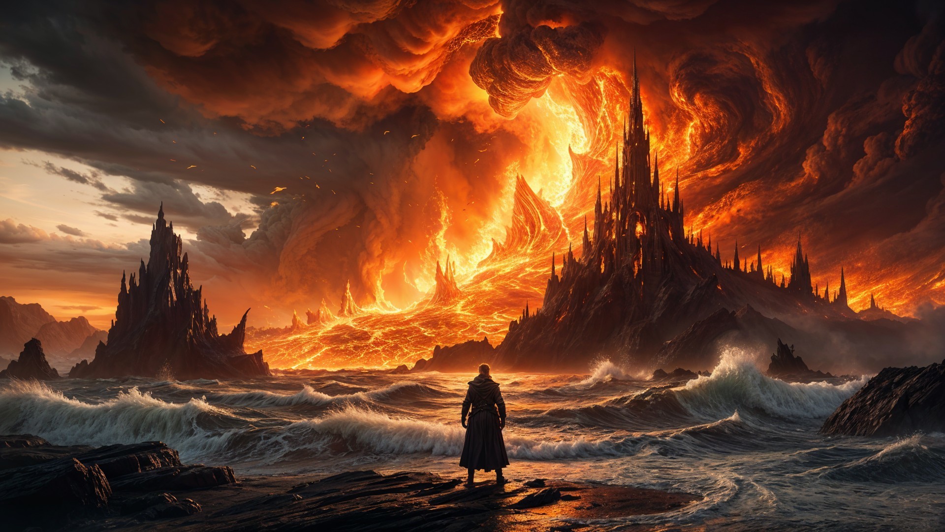 Lone Figure on Rocky Shores Amid Fiery Landscape