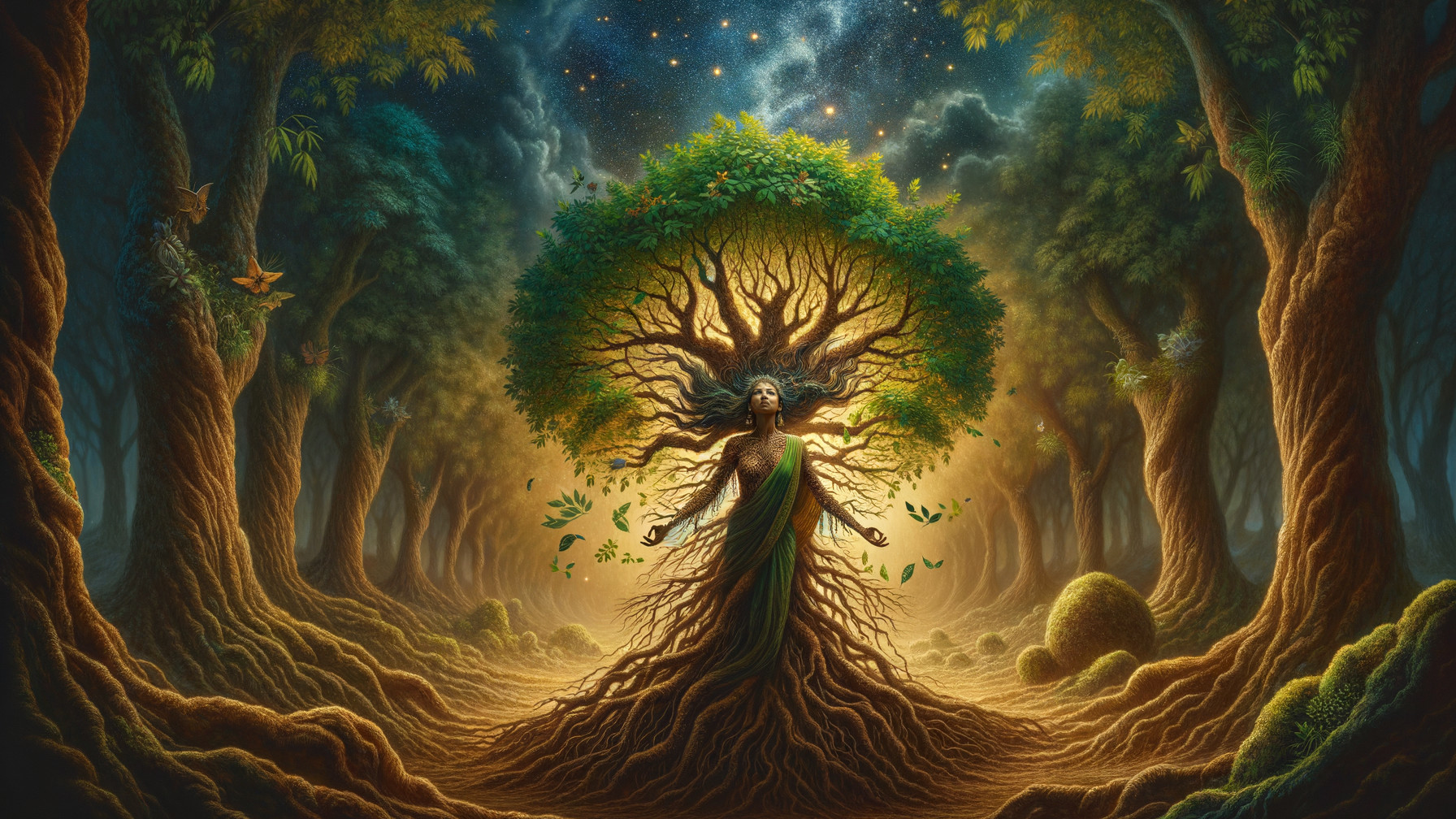 Majestic figure merging with a tree in a forest