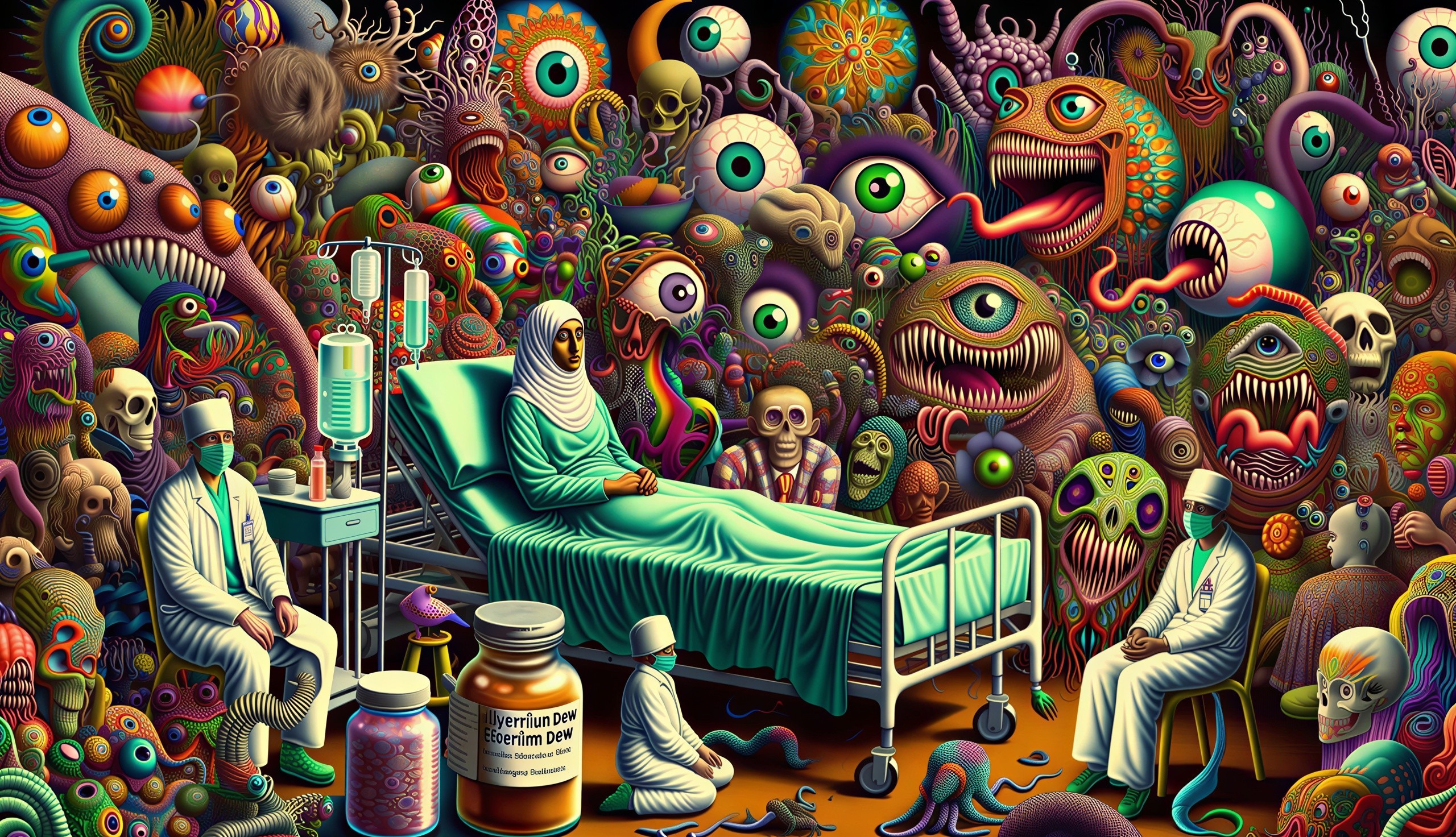 Surreal Scene of Woman Surrounded by Colorful Monsters