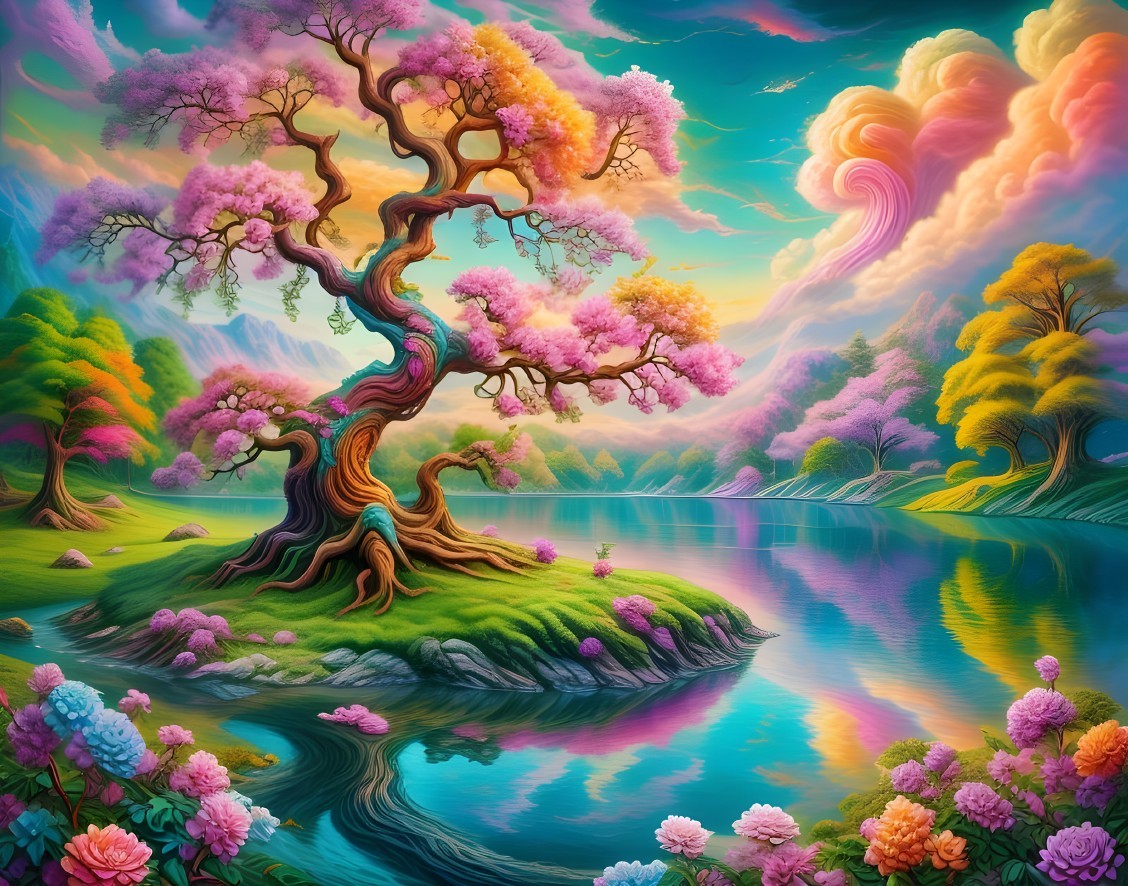 Vibrant Landscape with Blossoming Tree and Lake Reflection