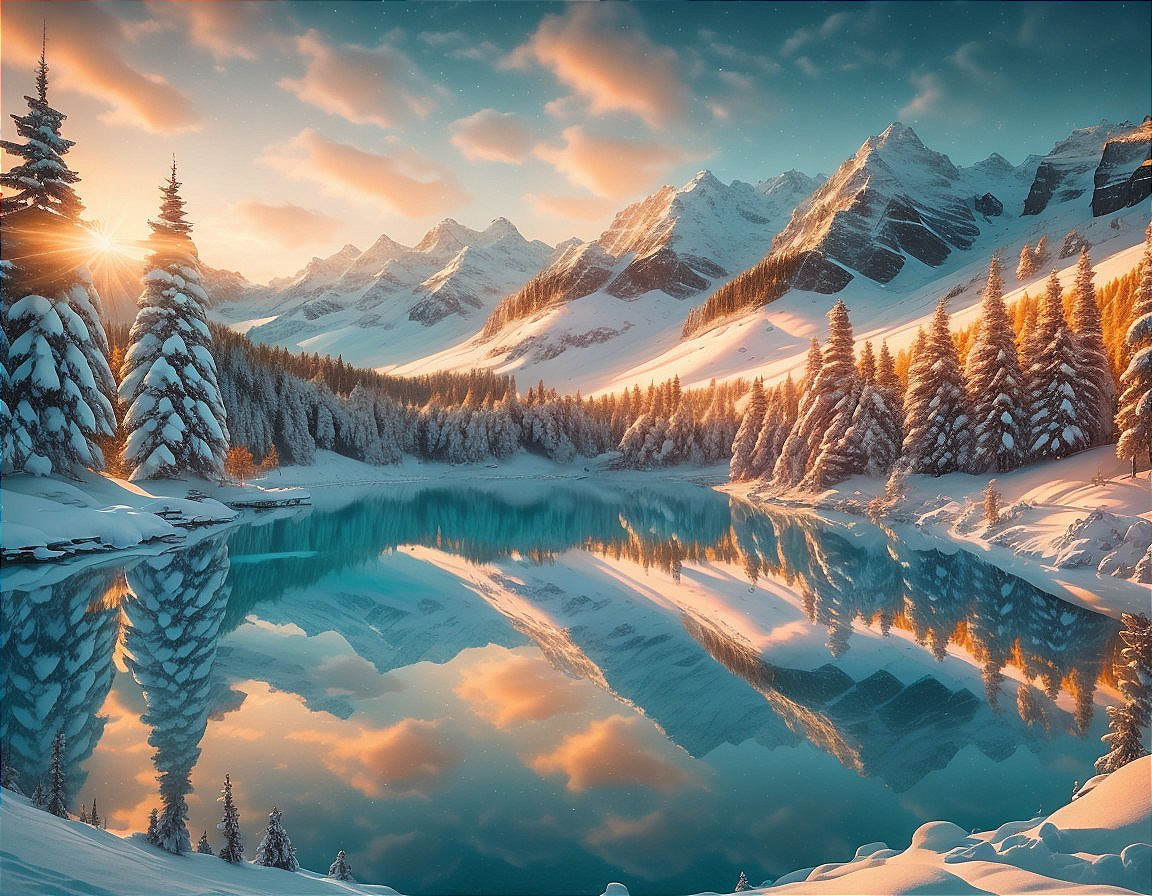 Serene Winter Landscape with Snow-Covered Mountains