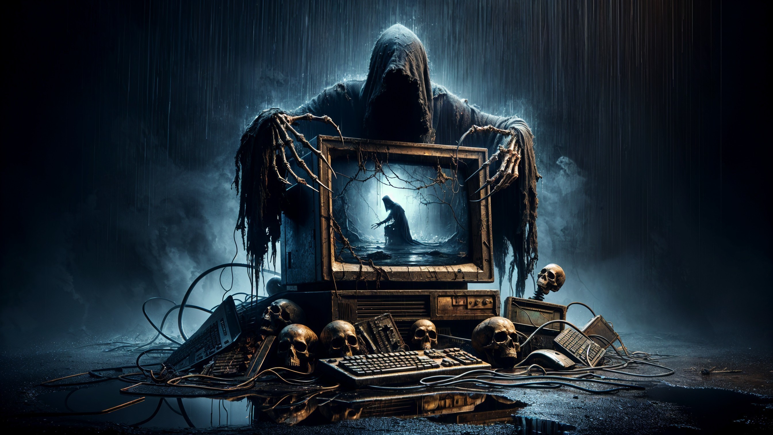 Cloaked Figure Emerges from Computer in Dark Scene
