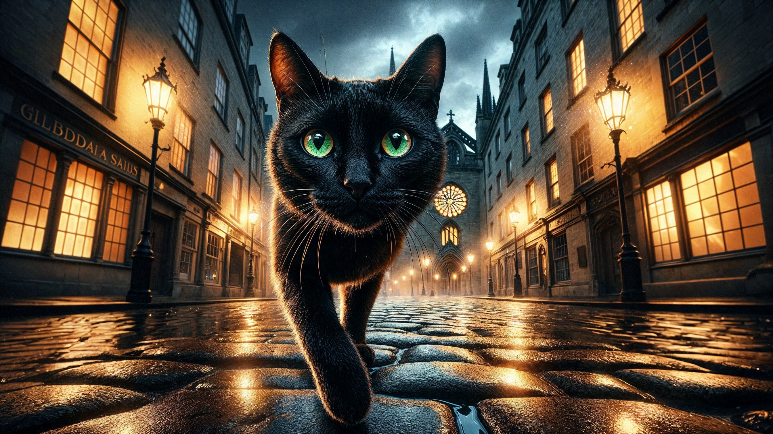 Black Cat with Green Eyes on Cobblestone Street at Dusk