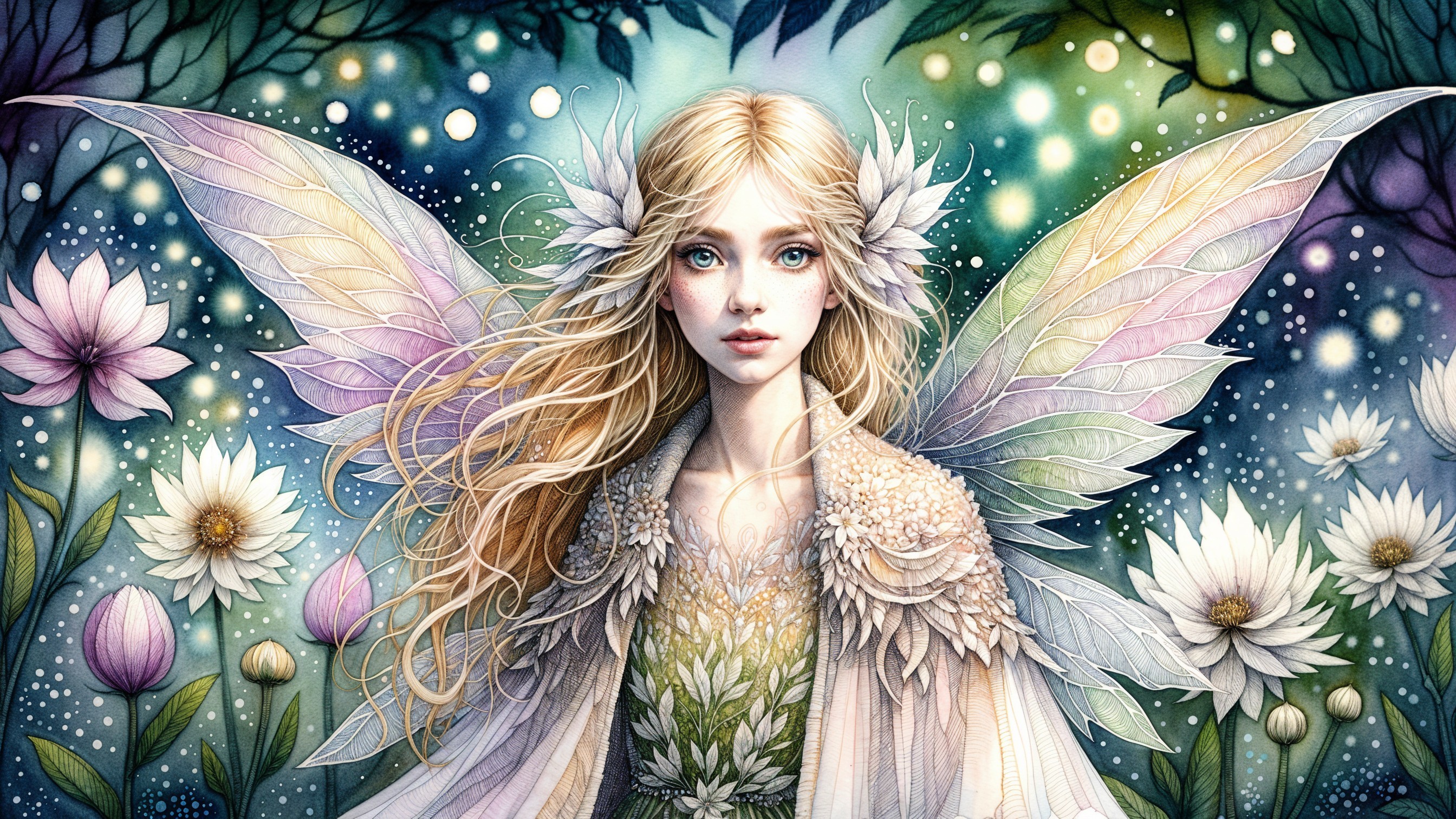 Serene fairy with shimmering wings in a dreamy landscape