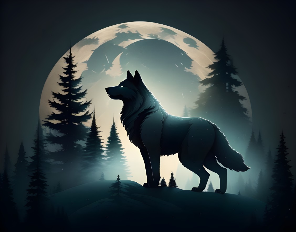 Wolf Silhouette Against Luminous Moon in Dark Forest