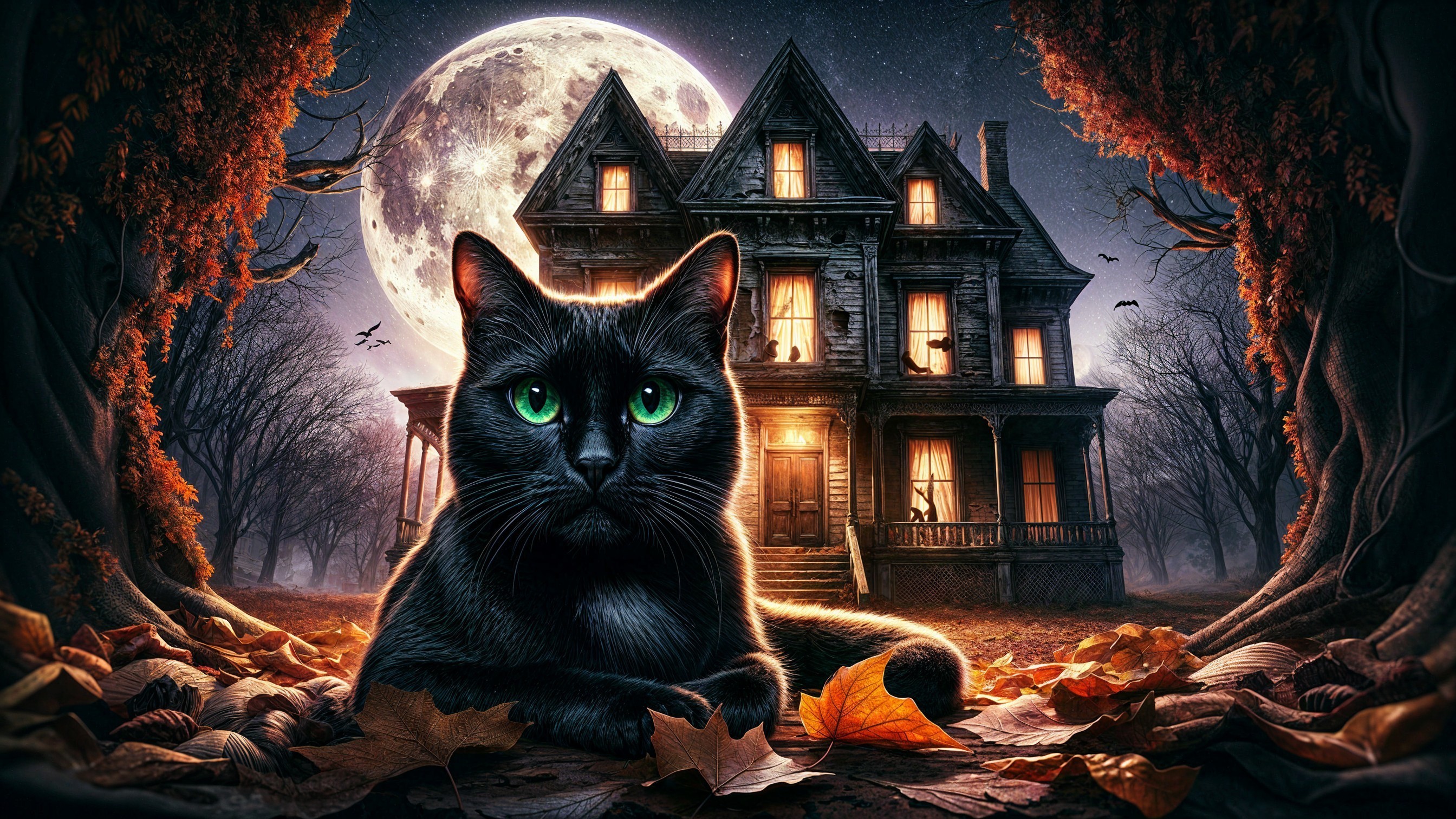 Black Cat and Haunted House in Autumn Night Scene