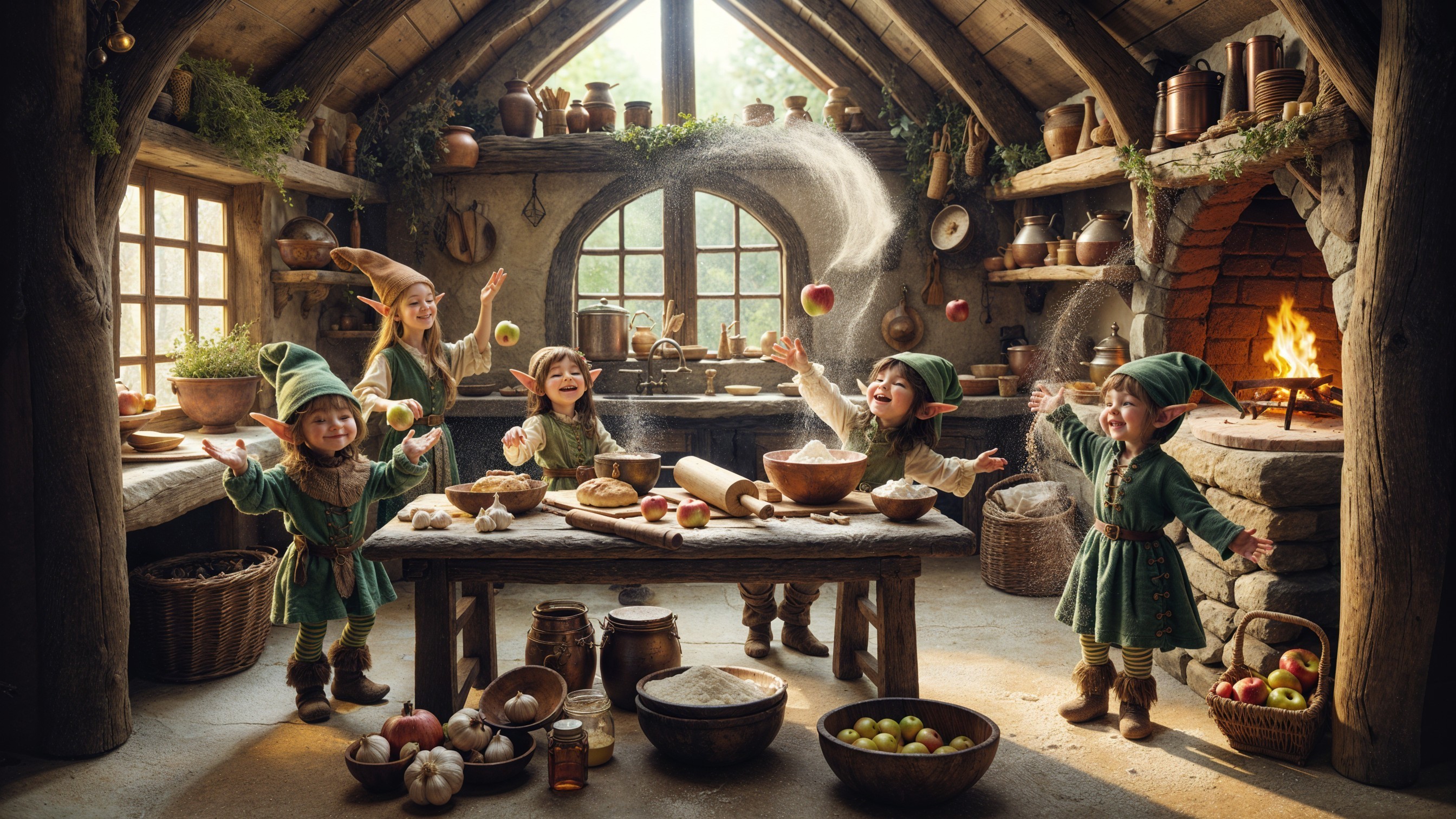 Cheerful Elves Preparing Feast in Rustic Kitchen