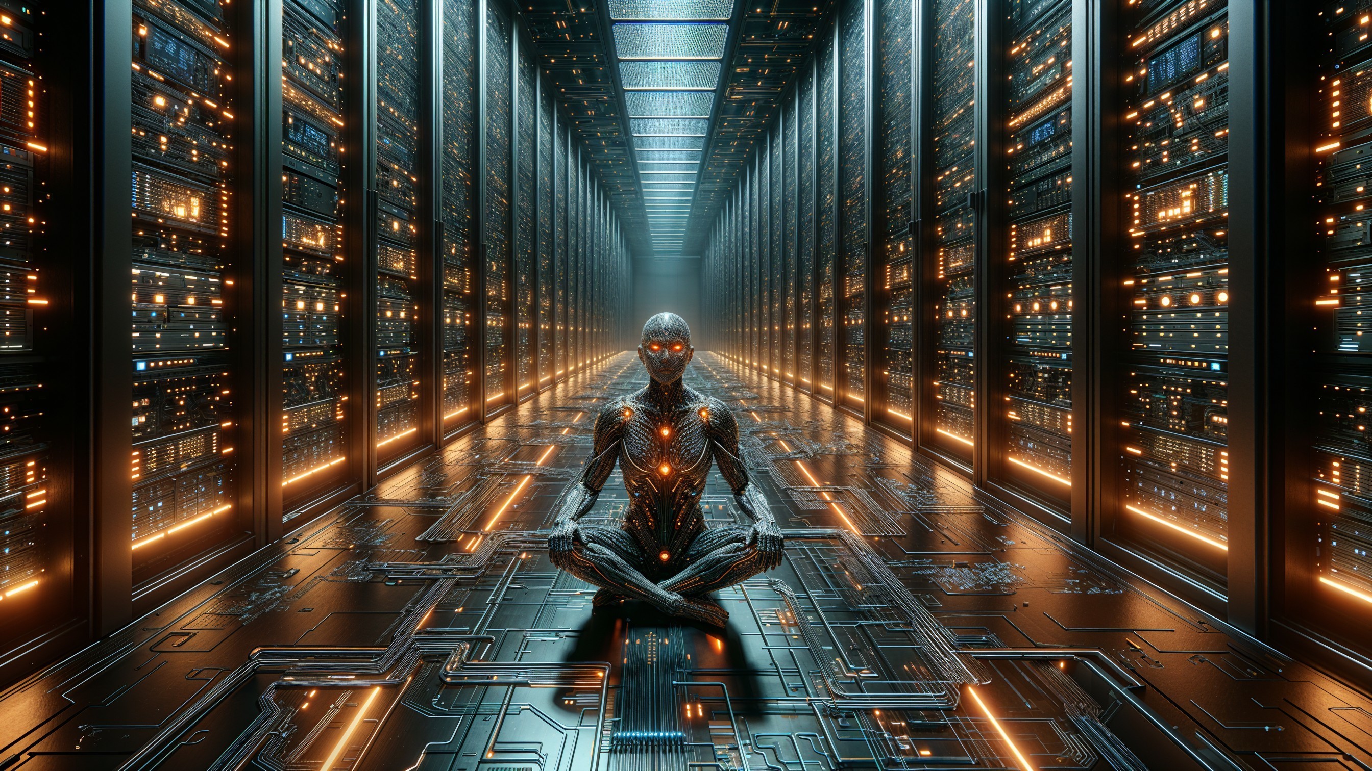 Futuristic Humanoid Robot in Dimly Lit Corridor