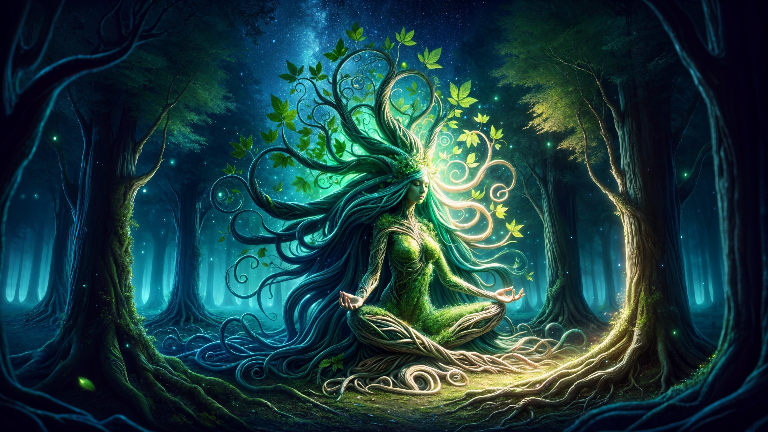 Serene Female Figure Meditating in Mystical Forest