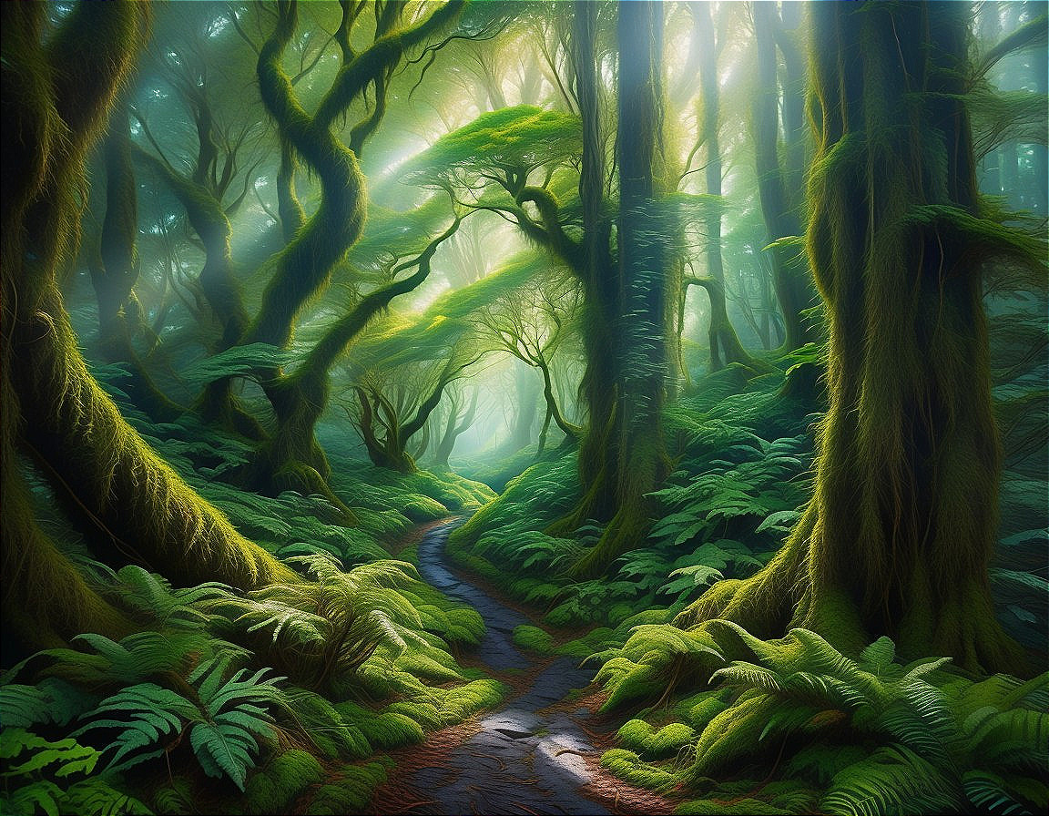 Serene Forest Scene with Ethereal Light and Greenery