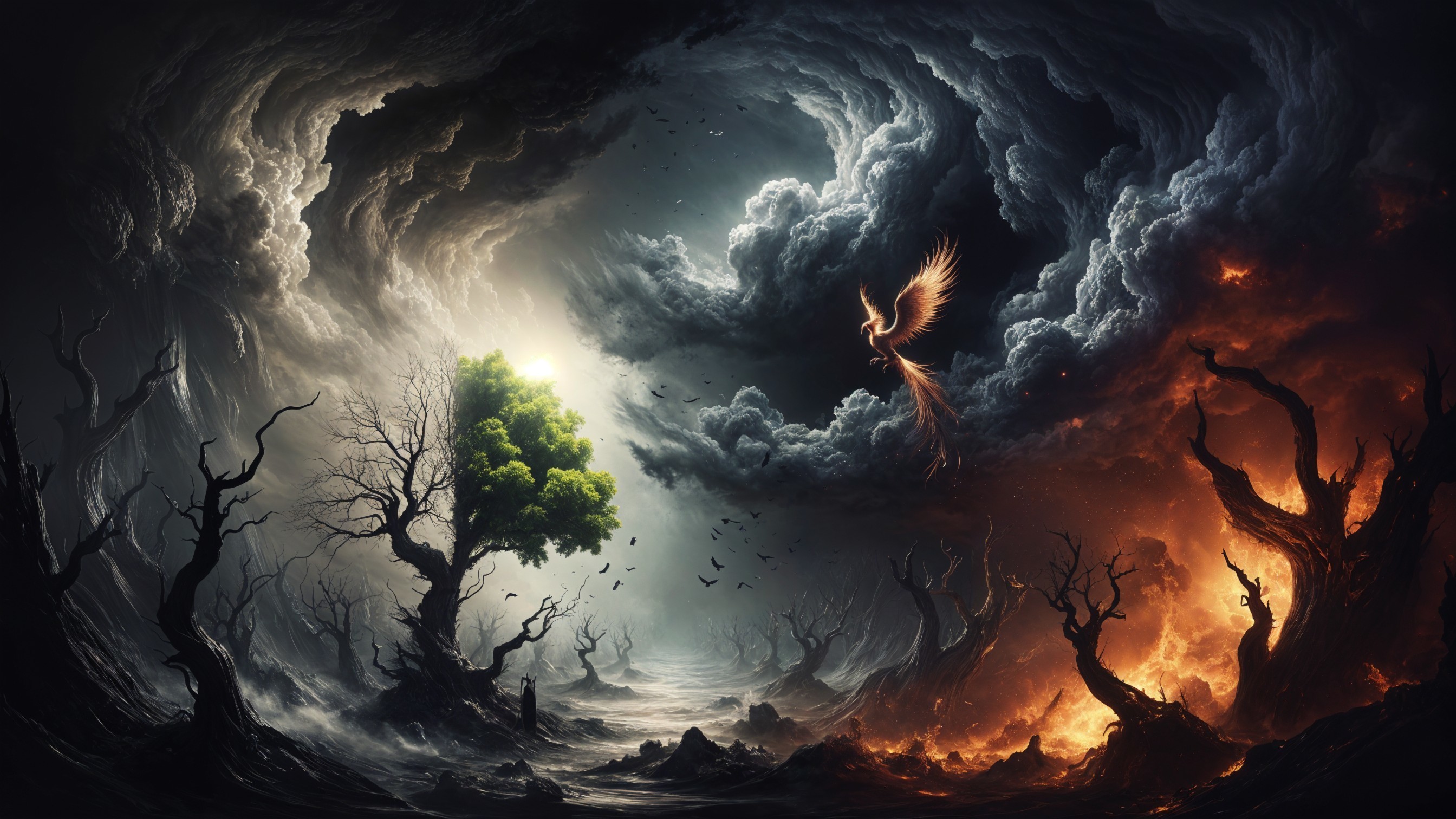 Dramatic Scene of Light and Darkness with Phoenix Symbol
