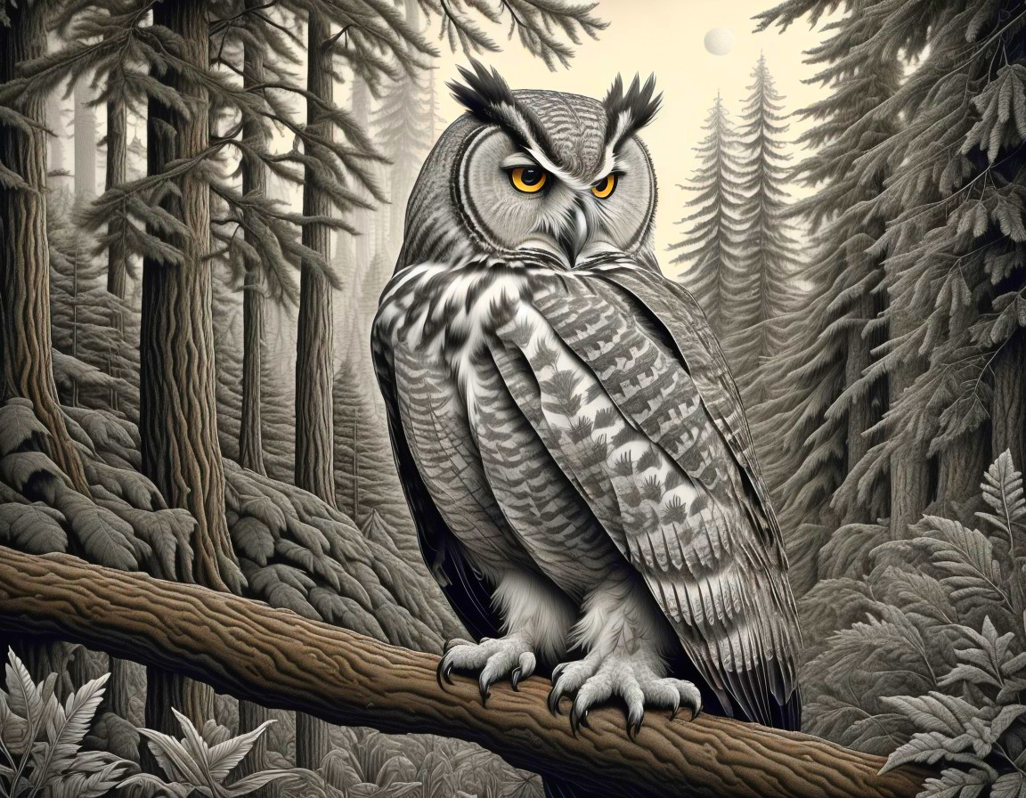 Majestic owl perched in a misty forest setting