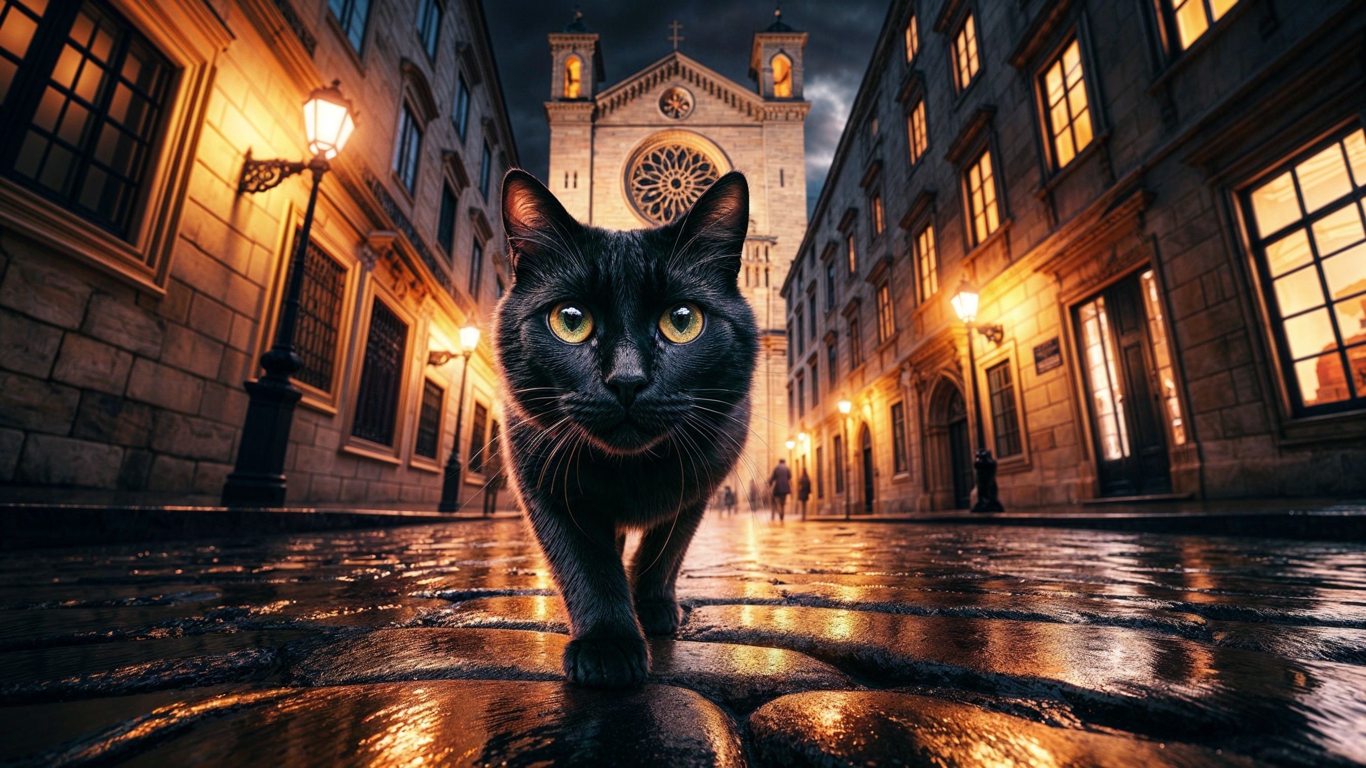 Black Cat Walking on Cobblestone Street at Night