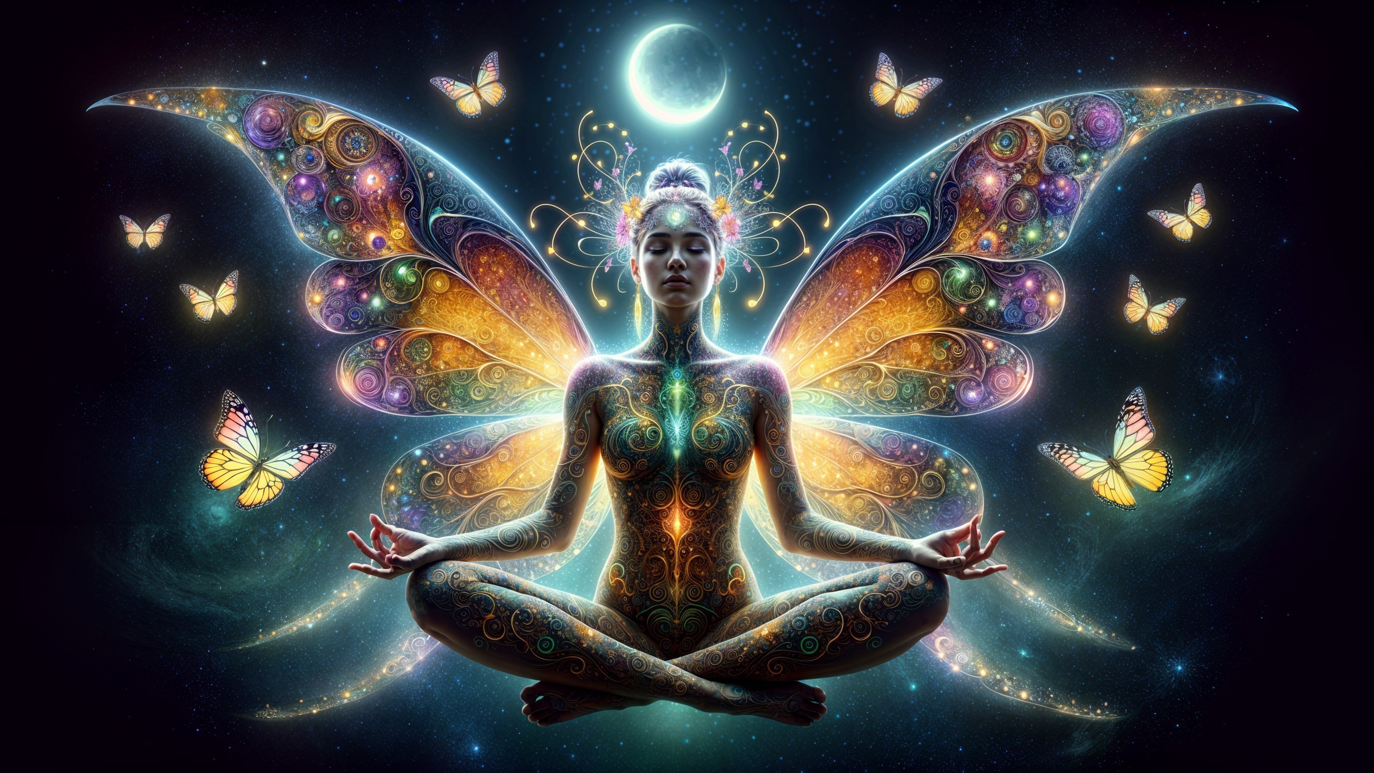 Serene Figure in Meditative Pose with Cosmic Backdrop
