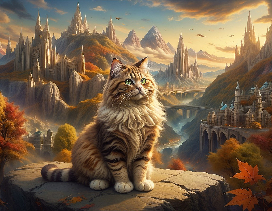 Majestic Cat on Rocky Outcrop with Mountain Landscape