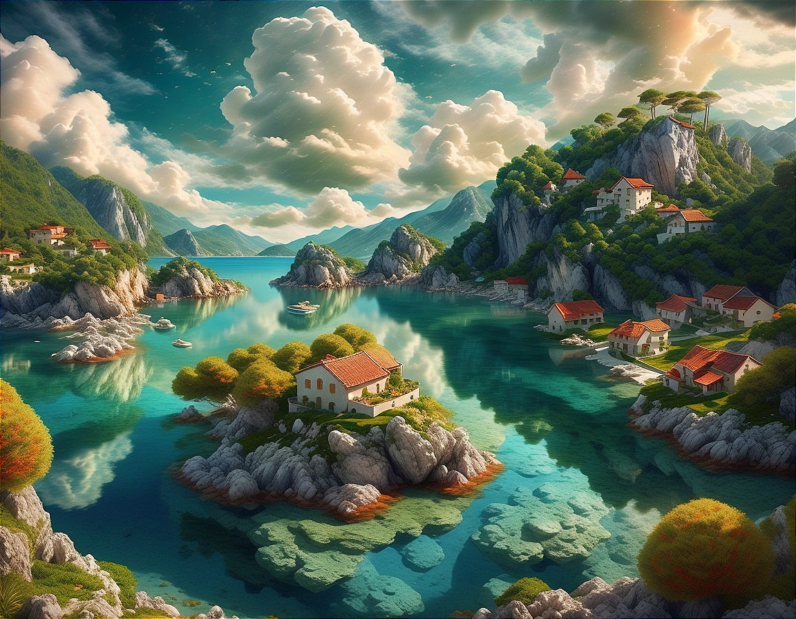 Serene Coastal Landscape with Turquoise Waters and Mountains