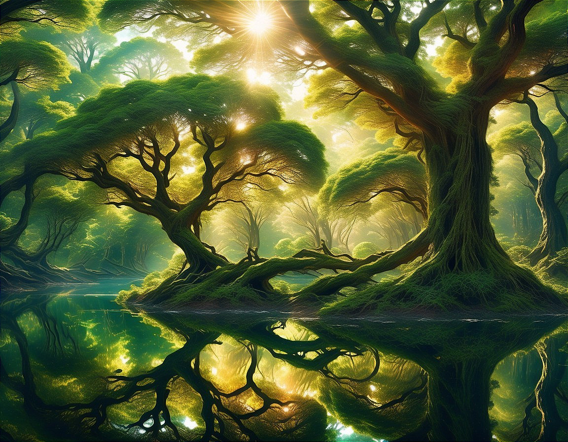 Enchanted Reflections: Sunlit Forestscape