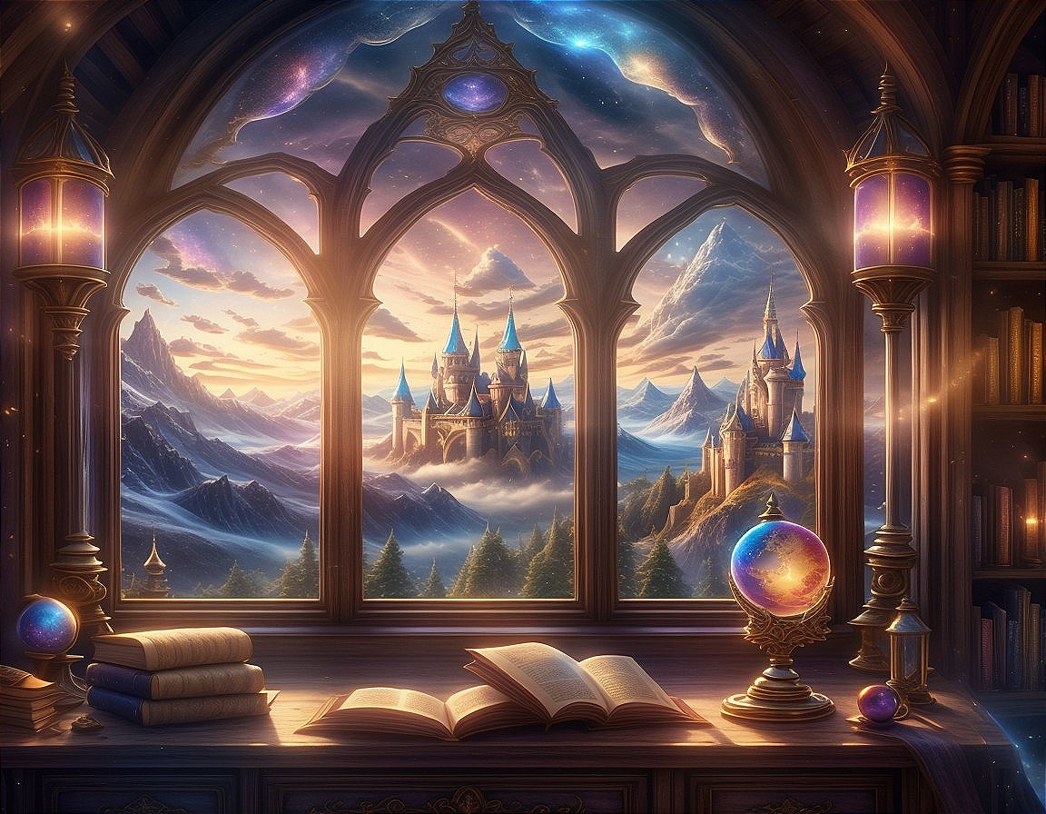 Fantasy Scene with Mountains and Castles through Window