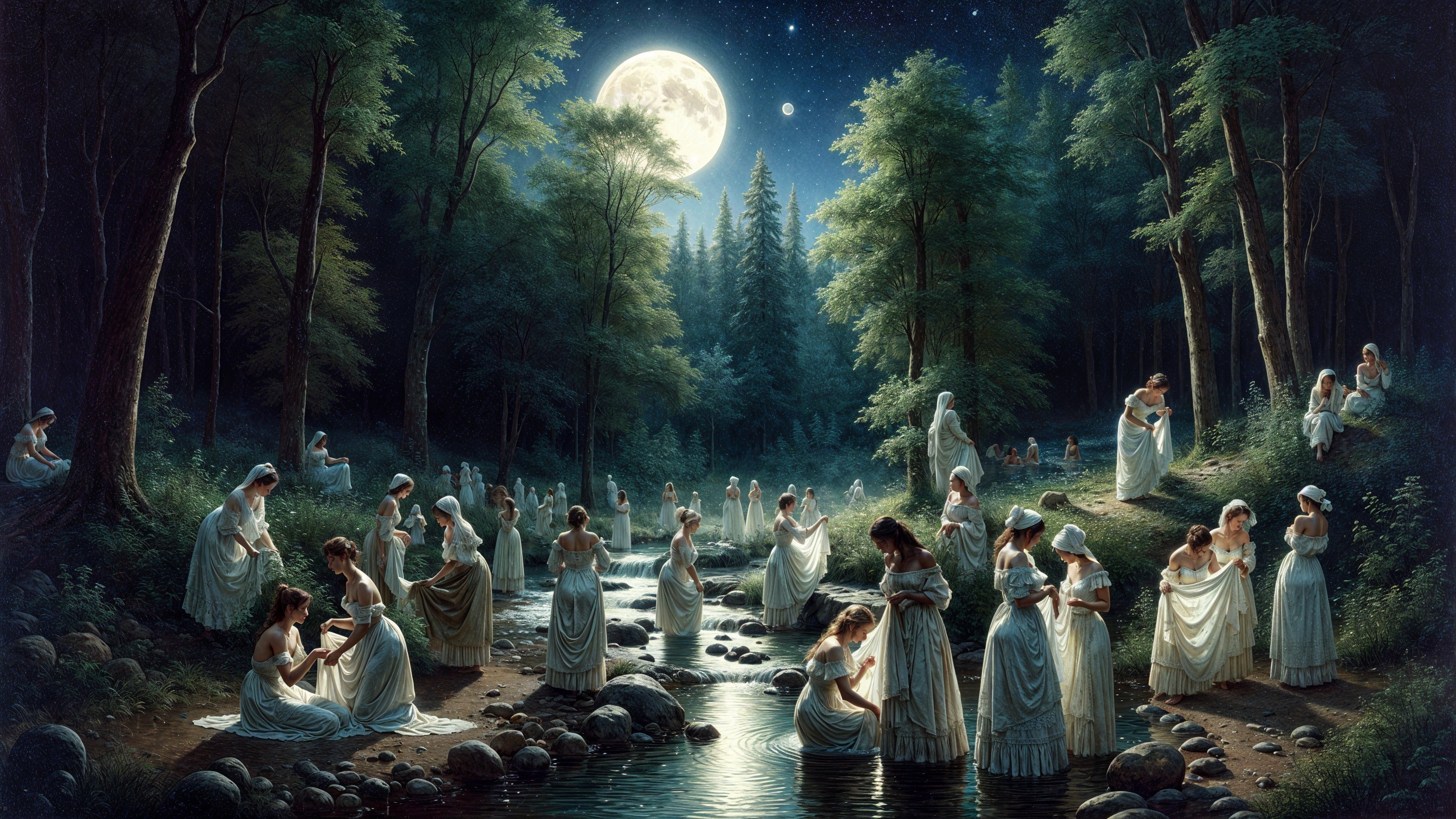 Ethereal Figures in White Gowns by Moonlit Stream