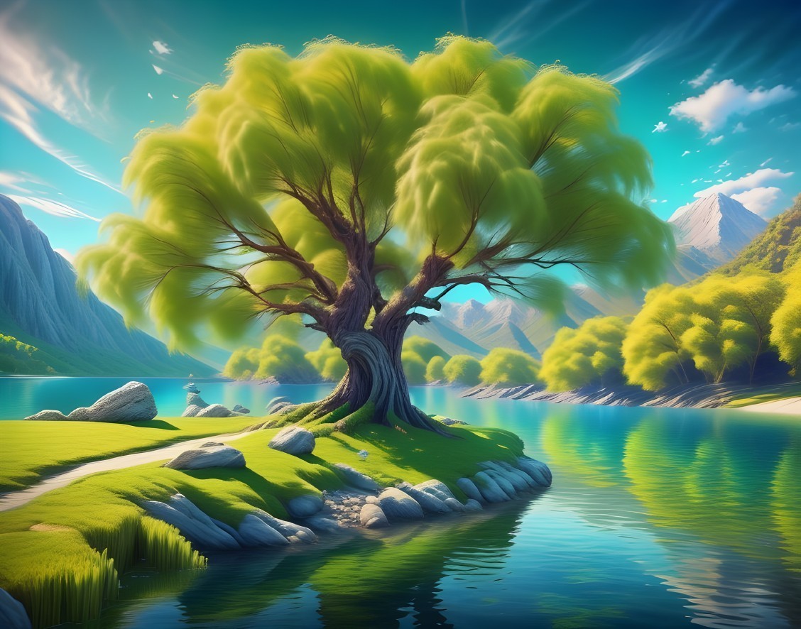 Majestic tree by serene lake with vibrant surroundings