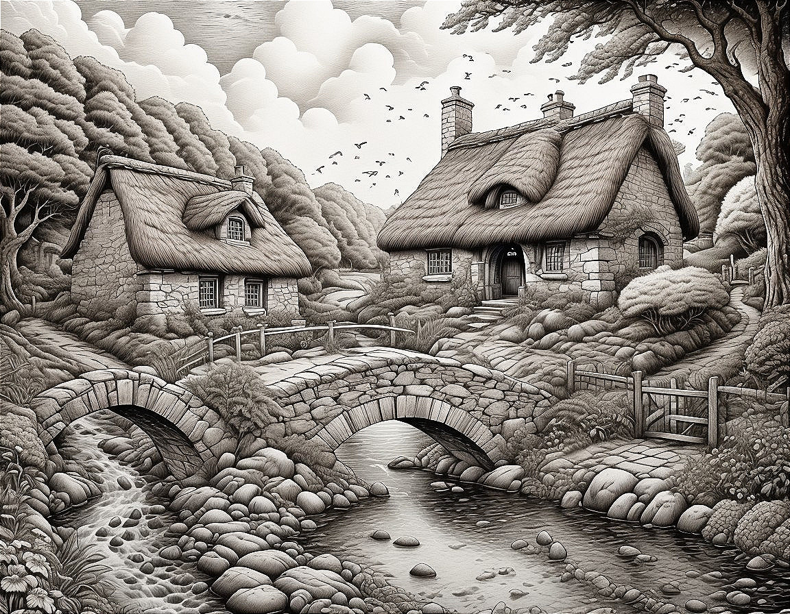 Idyllic Cottages and Tranquil Stream Landscape Scene