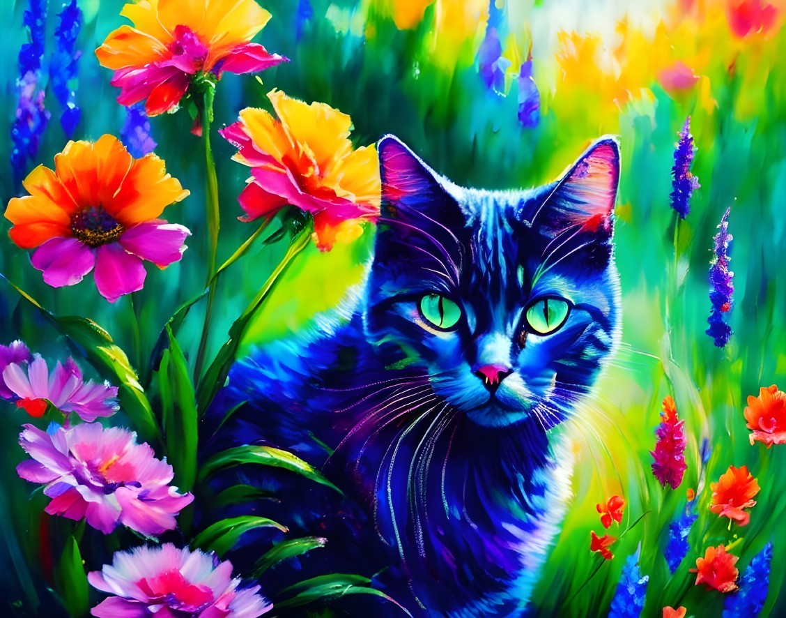 Blue Cat Surrounded by Colorful Floral Garden