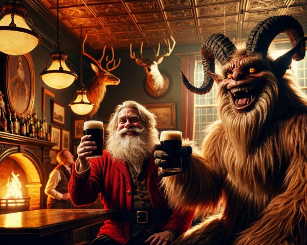 Santa Claus and a horned creature toast in a pub