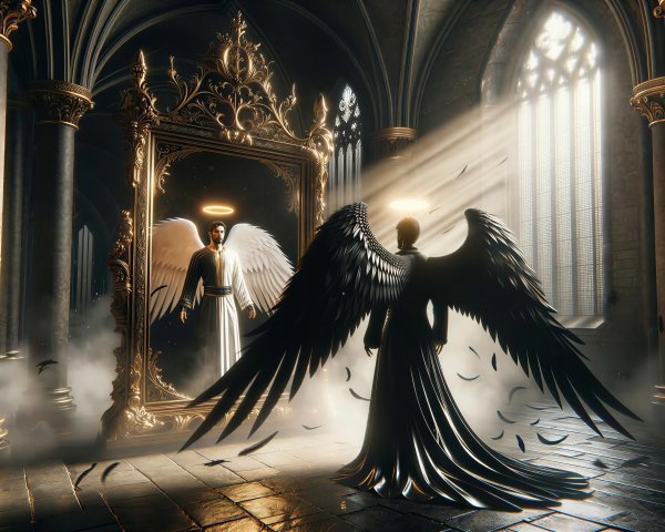 Angel in Black Marble Room with Golden Mirror Reflection