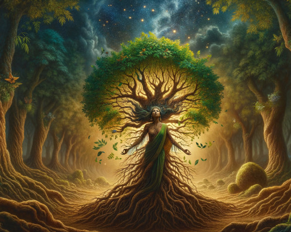 Majestic figure merging with a tree in a forest