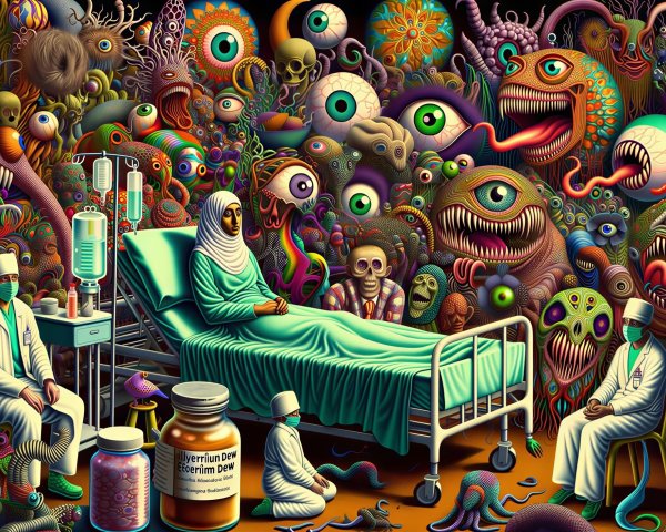 Surreal Scene of Woman Surrounded by Colorful Monsters