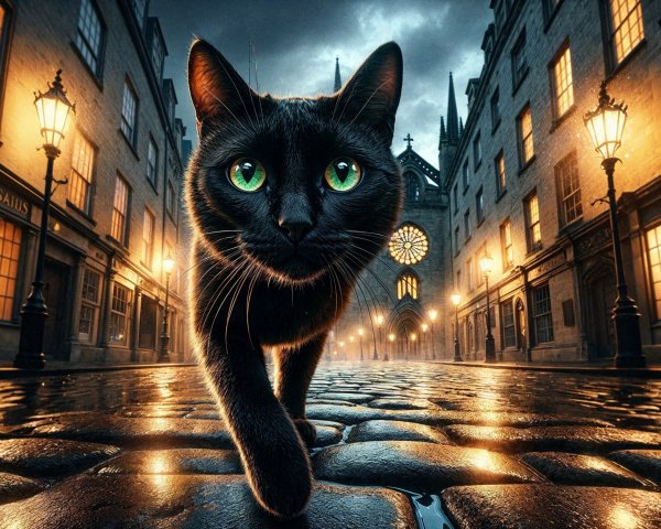Black Cat with Green Eyes on Cobblestone Street at Dusk