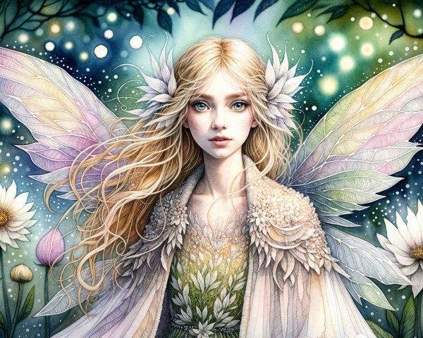Serene fairy with shimmering wings in a dreamy landscape