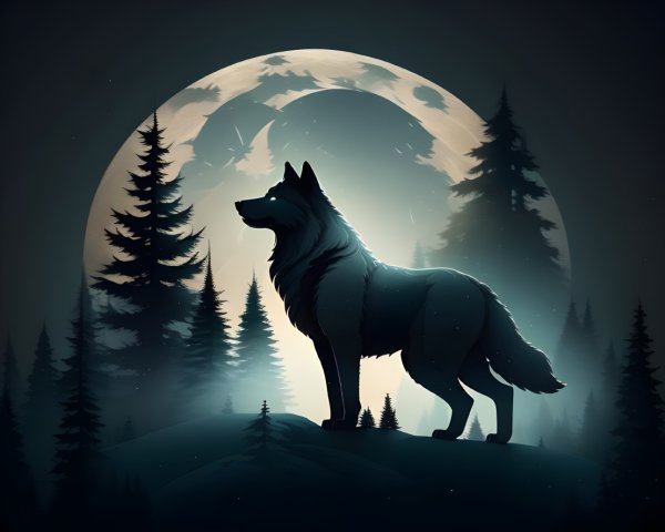 Wolf Silhouette Against Luminous Moon in Dark Forest